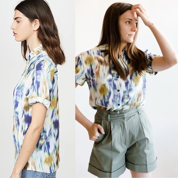 BAUM UND PFERDGARTEN Silk Blend Abstract Print Cuff Short Sleeve Button Up Top 2 - Picture 3 of 13